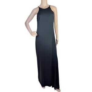 Vintage Onyx Nite 90s Women Black Beaded Spaghetti Strap Sheath Maxi Dress 8